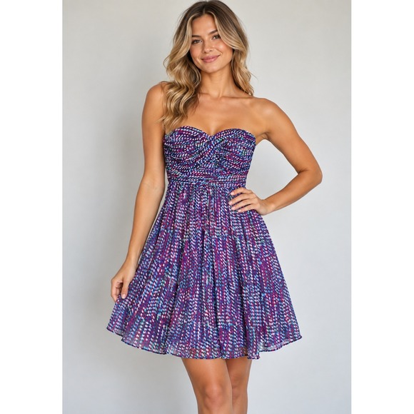 Shoshanna Dresses & Skirts - 236.  Shoshanna Shirred Pixie Stix Strapless Silk Dress Purple Blue Geometric 0
